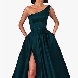Deep teal one shoulder ball gown with high slit & POCKETS! Corset back.